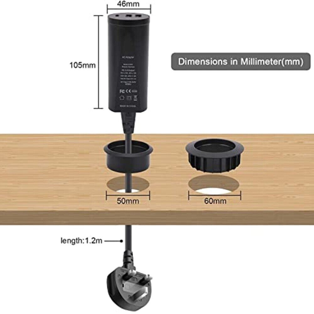 Gonine rakstāmgalda gromets ar USB, slēpta strāvas kontaktligzda, rakstāmgalda uzlādes stacija ar 1 Type C un 2 USB barošanas portiem