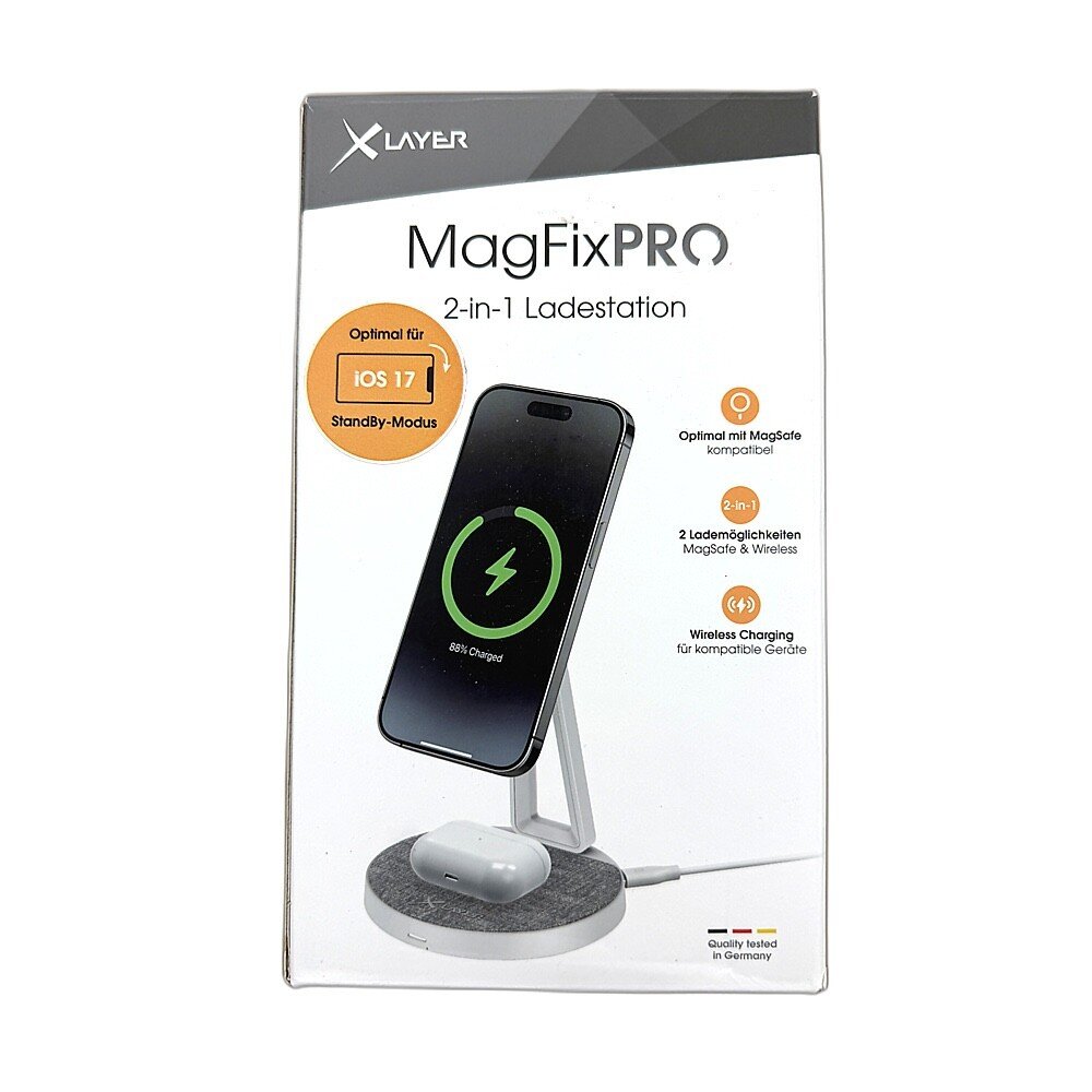 IMG_2247 XLayer MagFix Pro 2 in 1 Apple bezvadu uzlādes stacija, saderīga ar MagSafe, magnētiska, ātra bezvadu uzlāde iPhone 17/16/15/14/13/12/11 Pro Max Plus, AirPods