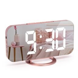 U-picks Digitālais modinātāja pulkstenis, LED digitālais pulkstenis, 6.5 collu (≈ 16.5 cm) galda pulkstenis ar miega funkciju, regulējama spilgtuma, spoguļa modinātāja pulkstenis, bez durošas skaņas, guļamistabai, istabas dekoram un birojam, rozā zelta krāsā