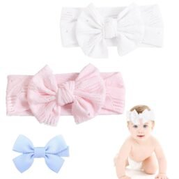 Baby meiteņu neilona matu joslas, roku darbs, matu sprādze ar lentēm, bērnu matu aksesuāri, elastīga matu josla, 5.5 collas (≈ 14 cm), komplektā 2 gab. (baltā + rozā), 1 x loku stila matu sprādze
