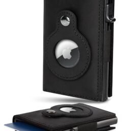 Airtag ādas maku, RFID bloķēšanas tehnoloģija, slaids minimālisma AirTag maku vīriešiem - kredītkartes un naudas turētājs (āda, tīrs melns), vintage